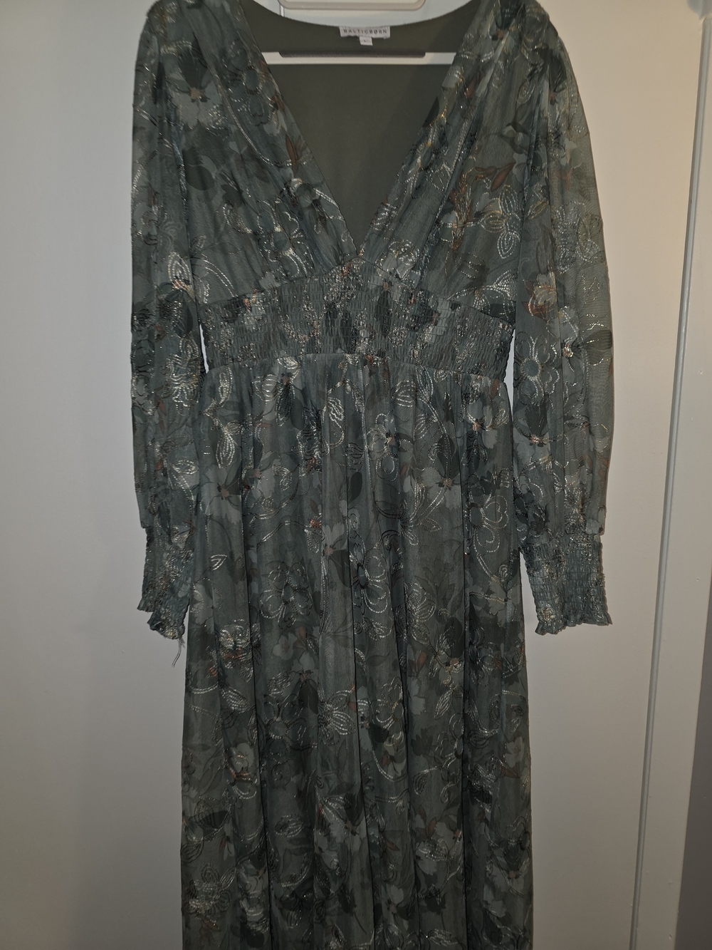 Sandro Green Floral Long-Sleeve Midi Dress